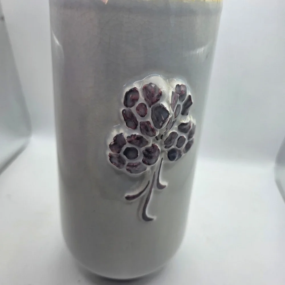 Large Vintage Art Pottery Vase Gray Crackle Glaze Purple Raised Flowers MCM